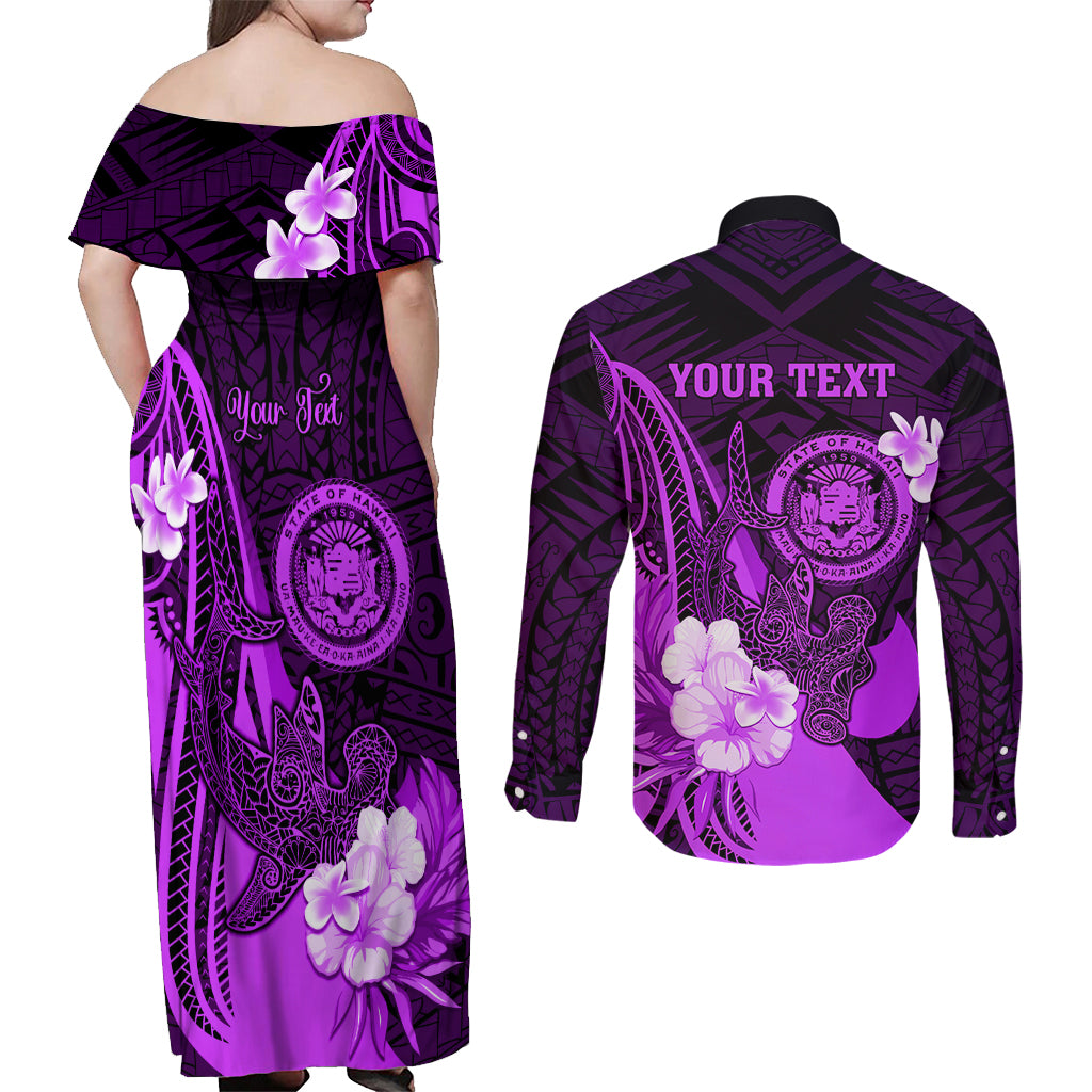 Personalised Hawaii State Motto Couples Matching Off Shoulder Maxi Dress and Long Sleeve Button Shirt Hawaiian Tribal Purple Hammerhead Shark LT05 - Polynesian Pride