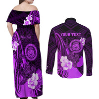 Personalised Hawaii State Motto Couples Matching Off Shoulder Maxi Dress and Long Sleeve Button Shirt Hawaiian Tribal Purple Hammerhead Shark LT05 - Polynesian Pride