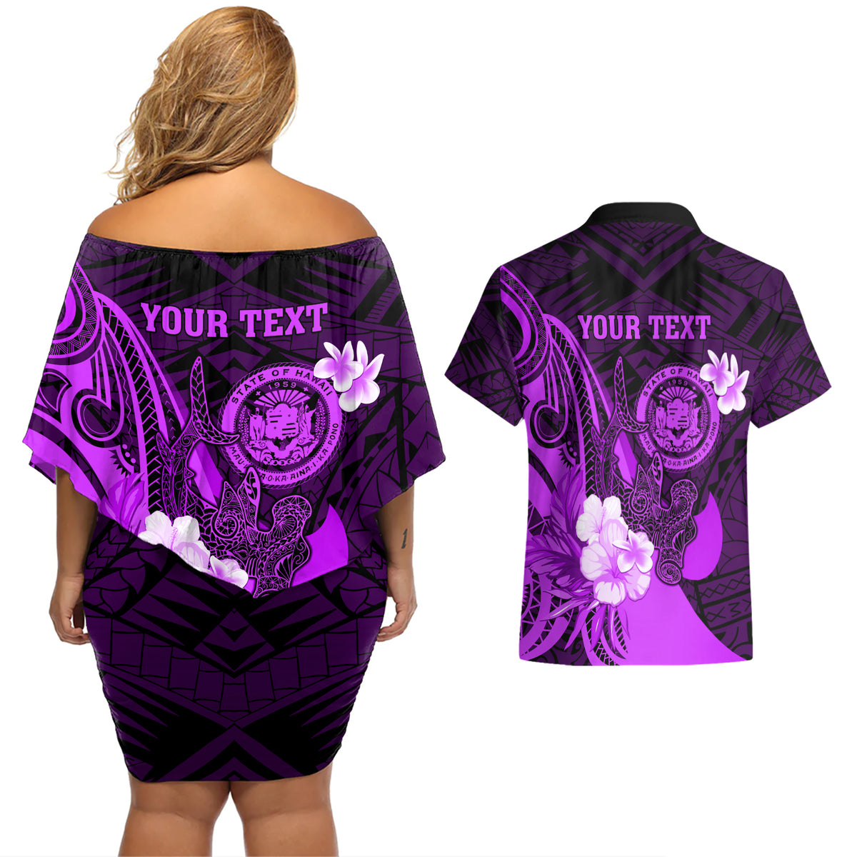 Personalised Hawaii State Motto Couples Matching Off Shoulder Short Dress and Hawaiian Shirt Hawaiian Tribal Purple Hammerhead Shark LT05 - Polynesian Pride