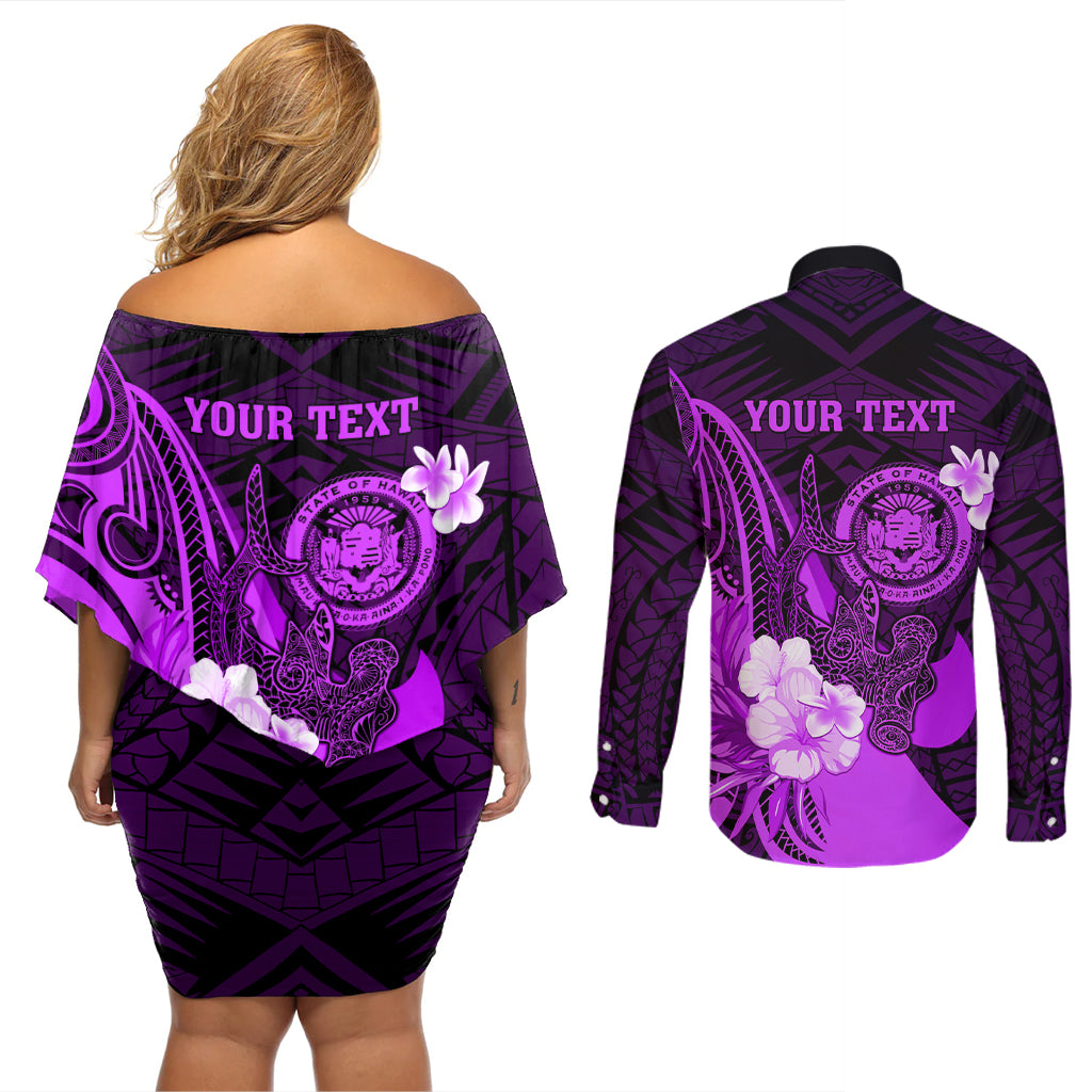 Personalised Hawaii State Motto Couples Matching Off Shoulder Short Dress and Long Sleeve Button Shirt Hawaiian Tribal Purple Hammerhead Shark LT05 - Polynesian Pride