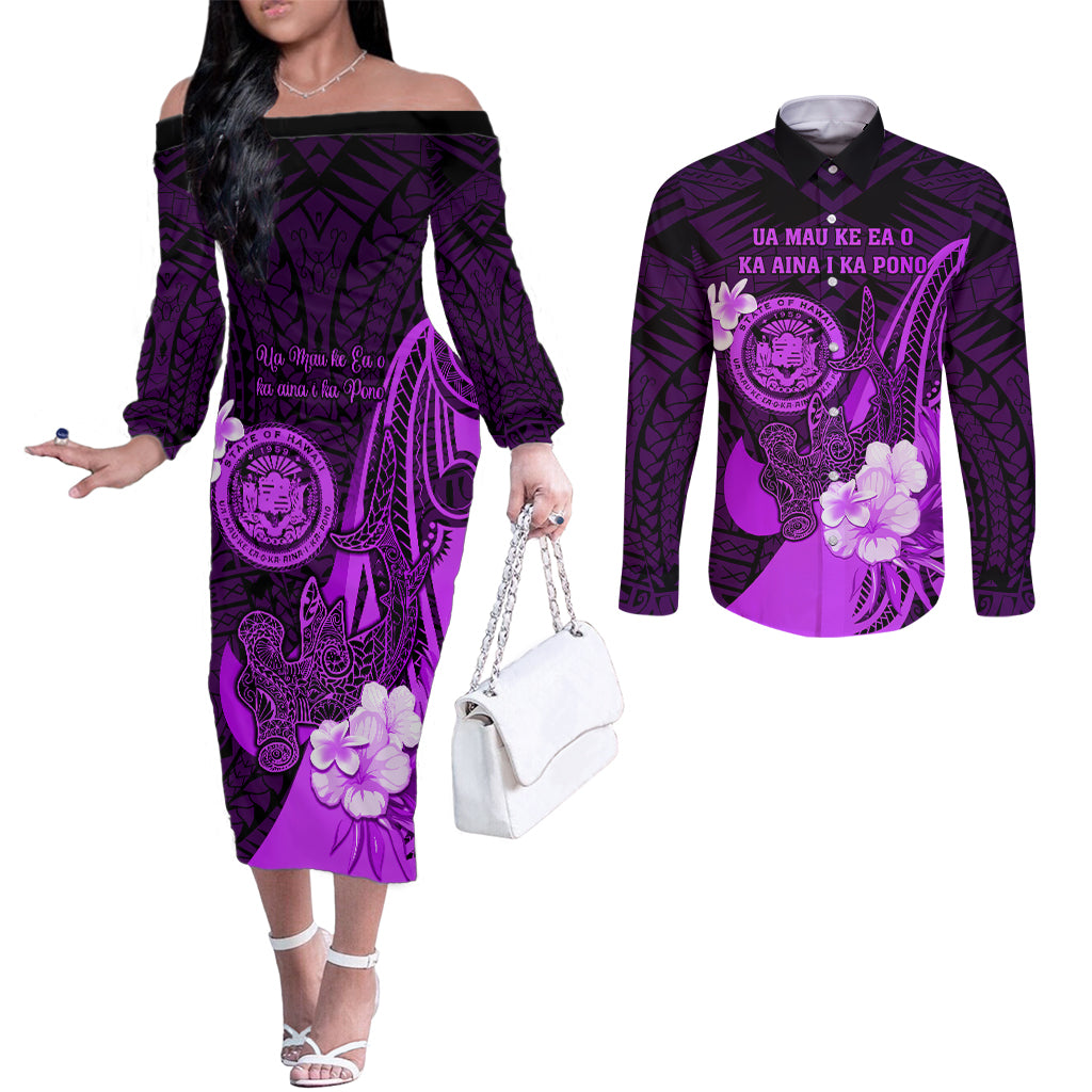 Personalised Hawaii State Motto Couples Matching Off The Shoulder Long Sleeve Dress and Long Sleeve Button Shirt Hawaiian Tribal Purple Hammerhead Shark LT05 Purple - Polynesian Pride