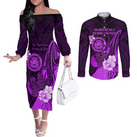 Personalised Hawaii State Motto Couples Matching Off The Shoulder Long Sleeve Dress and Long Sleeve Button Shirt Hawaiian Tribal Purple Hammerhead Shark LT05 Purple - Polynesian Pride