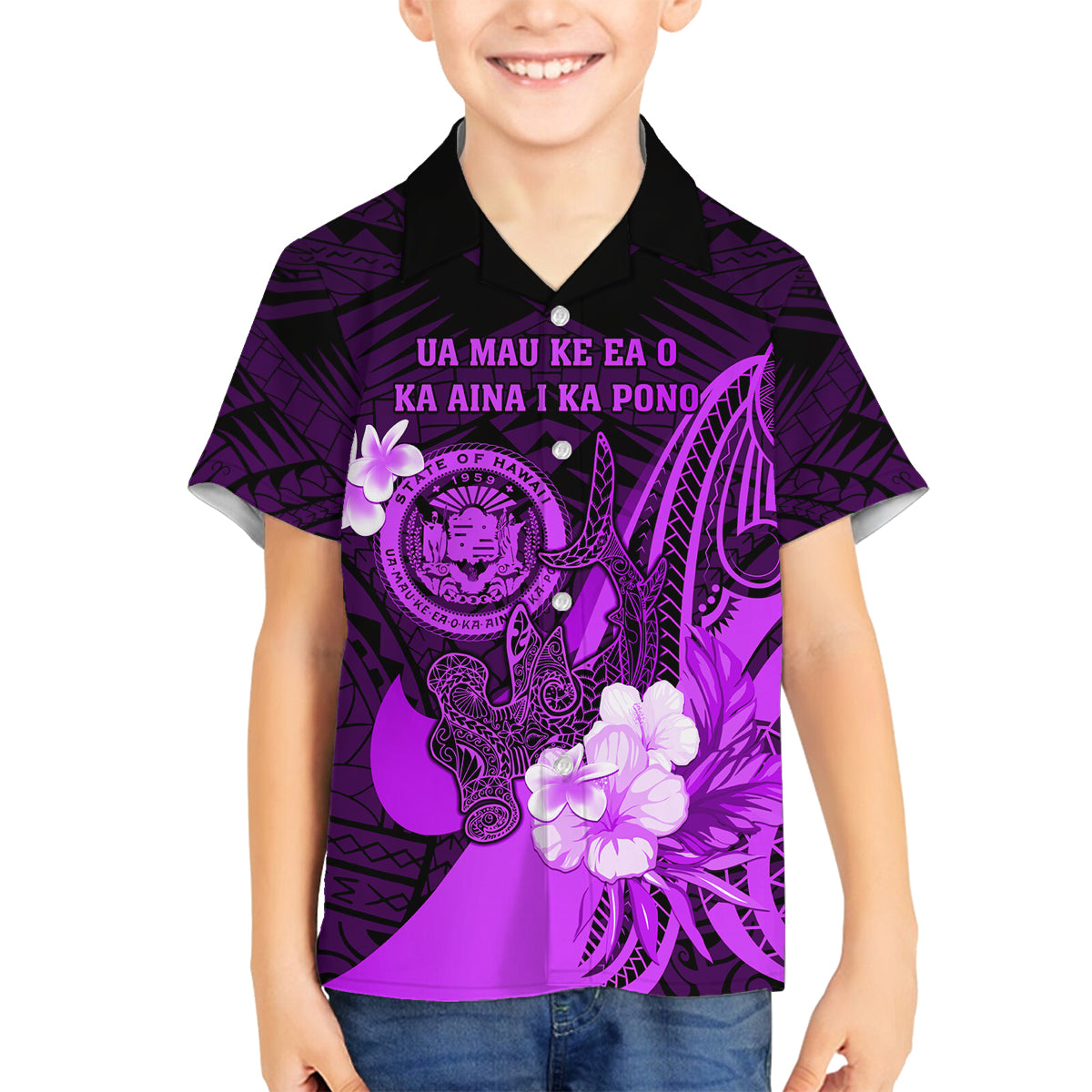 Personalised Hawaii State Motto Family Matching Long Sleeve Bodycon Dress and Hawaiian Shirt Hawaiian Tribal Purple Hammerhead Shark LT05 Son's Shirt Purple - Polynesian Pride