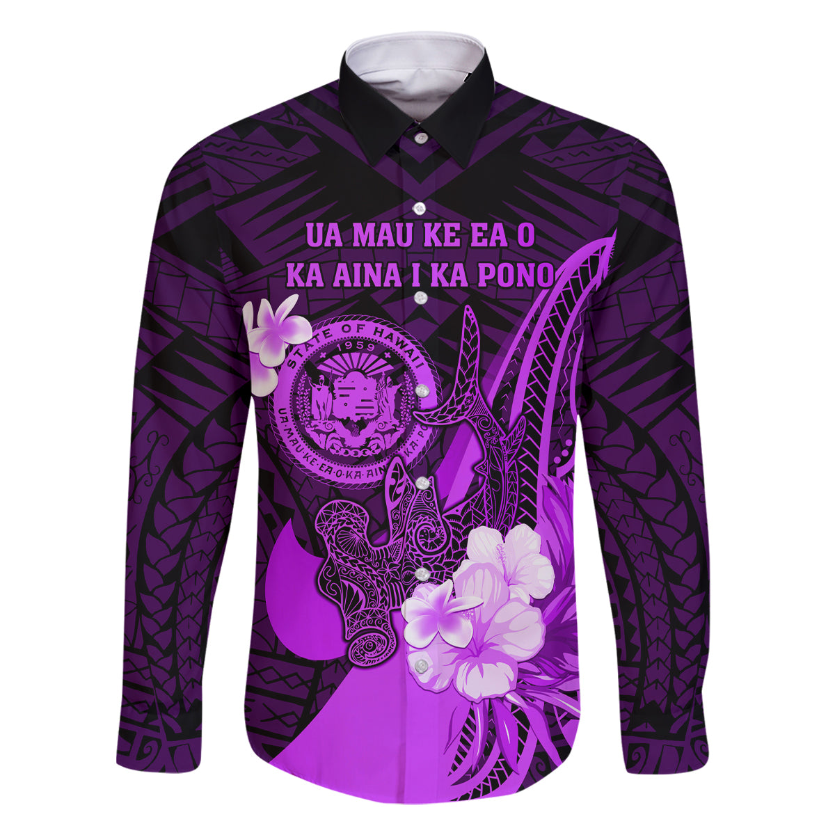 Personalised Hawaii State Motto Family Matching Off Shoulder Long Sleeve Dress and Hawaiian Shirt Hawaiian Tribal Purple Hammerhead Shark LT05 Dad's Shirt - Long Sleeve Purple - Polynesian Pride