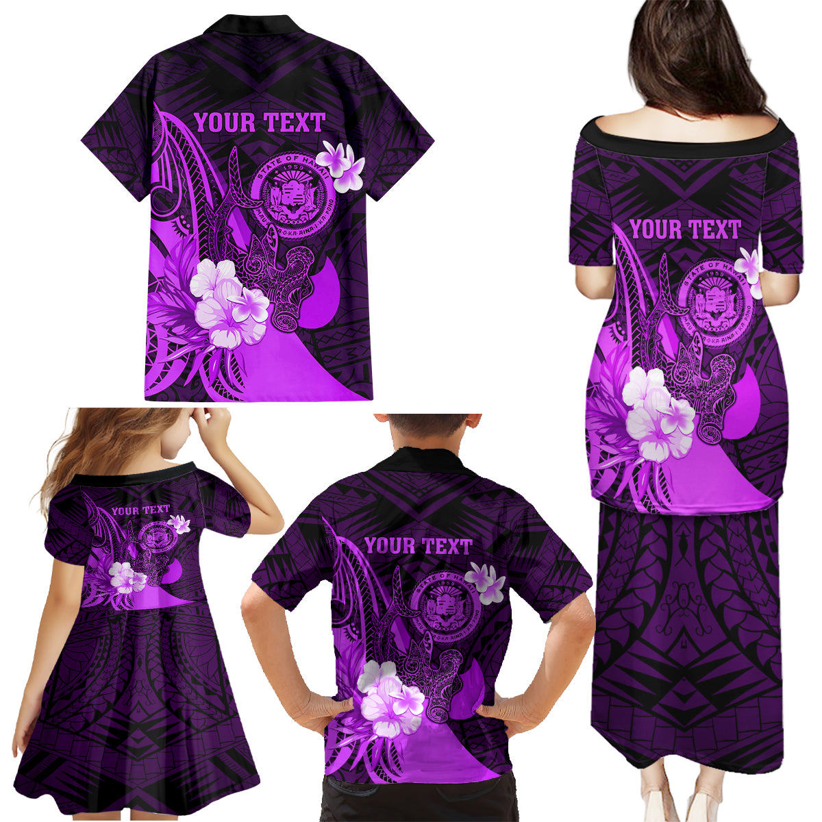 Personalised Hawaii State Motto Family Matching Puletasi and Hawaiian Shirt Hawaiian Tribal Purple Hammerhead Shark LT05 - Polynesian Pride