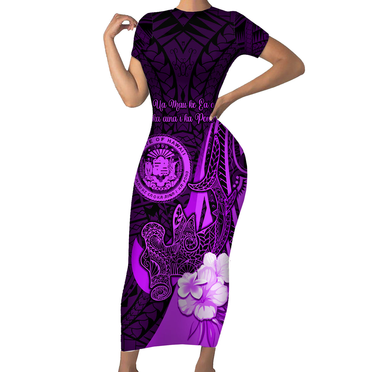 Personalised Hawaii State Motto Family Matching Short Sleeve Bodycon Dress and Hawaiian Shirt Hawaiian Tribal Purple Hammerhead Shark LT05 Mom's Dress Purple - Polynesian Pride