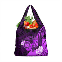 Hawaii State Motto Grocery Bag Hawaiian Tribal Purple Hammerhead Shark