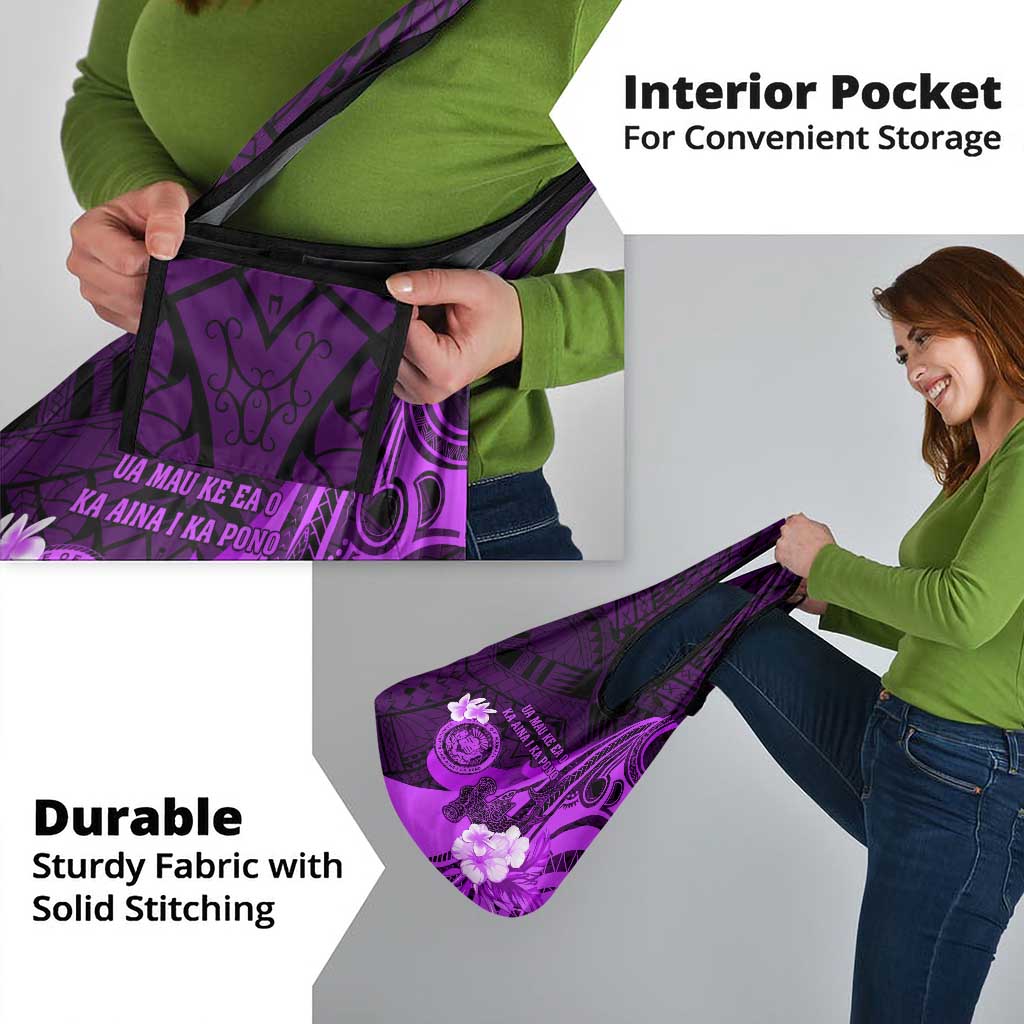 Hawaii State Motto Grocery Bag Hawaiian Tribal Purple Hammerhead Shark