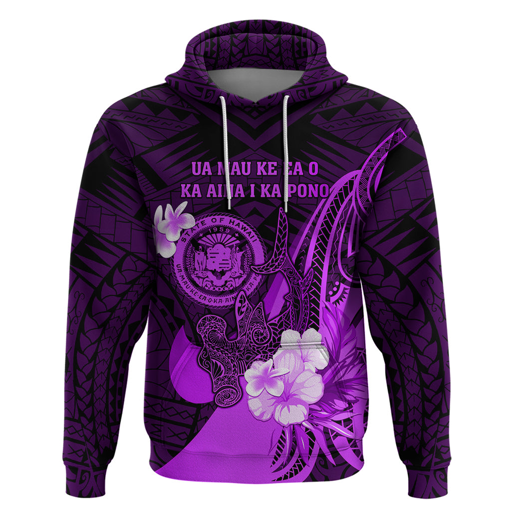 Personalised Hawaii State Motto Hoodie Hawaiian Tribal Purple Hammerhead Shark LT05 Pullover Hoodie Purple - Polynesian Pride