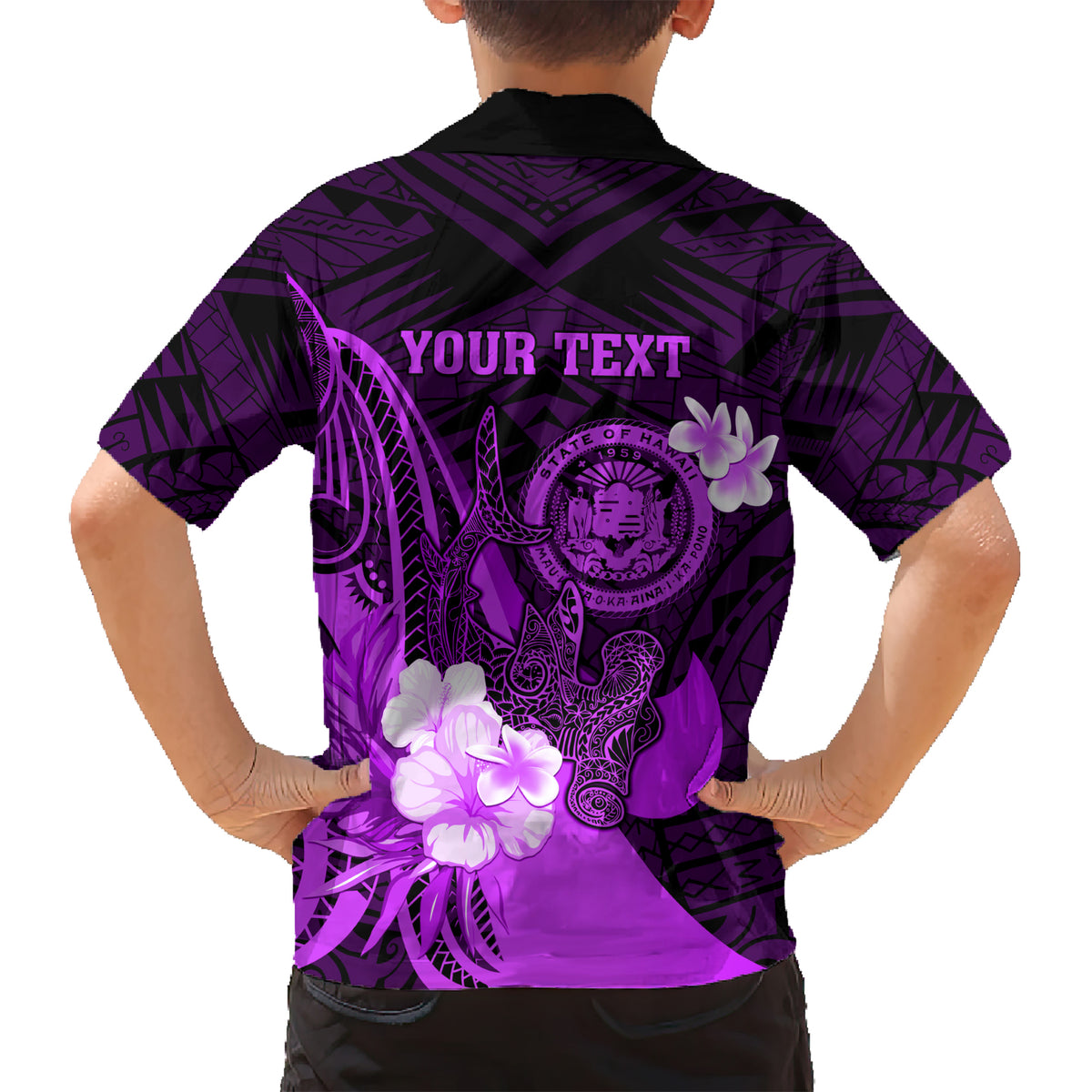 Personalised Hawaii State Motto Kid Hawaiian Shirt Hawaiian Tribal Purple Hammerhead Shark LT05 - Polynesian Pride