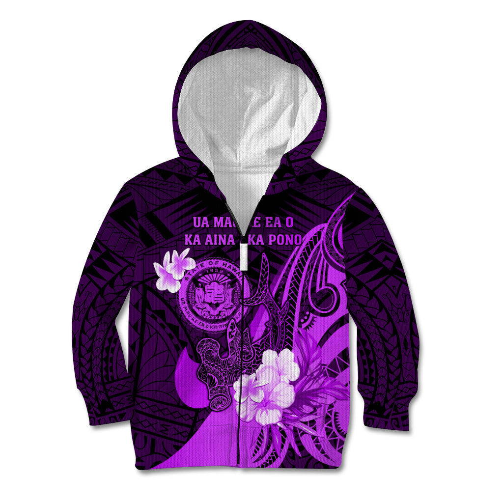 Personalised Hawaii State Motto Kid Hoodie Hawaiian Tribal Purple Hammerhead Shark LT05 Zip Hoodie Purple - Polynesian Pride