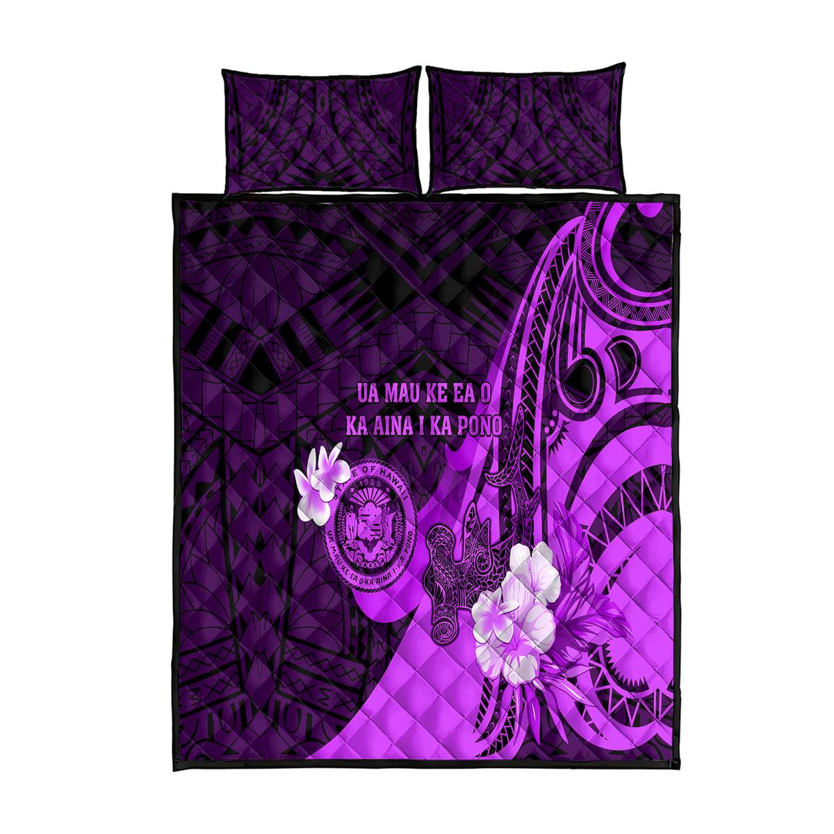 Hawaii State Motto Quilt Bed Set Hawaiian Tribal Purple Hammerhead Shark LT05 Purple - Polynesian Pride