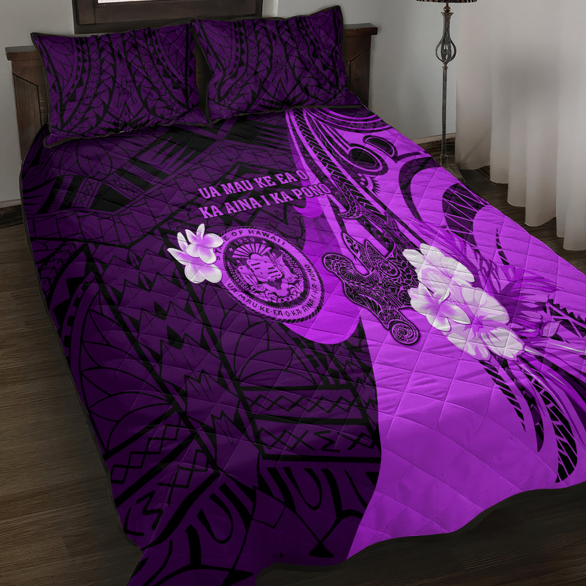 Hawaii State Motto Quilt Bed Set Hawaiian Tribal Purple Hammerhead Shark LT05 - Polynesian Pride