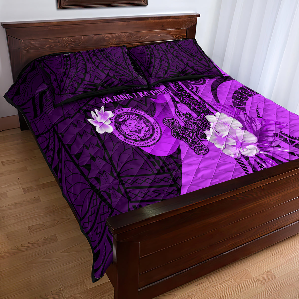 Hawaii State Motto Quilt Bed Set Hawaiian Tribal Purple Hammerhead Shark LT05 - Polynesian Pride