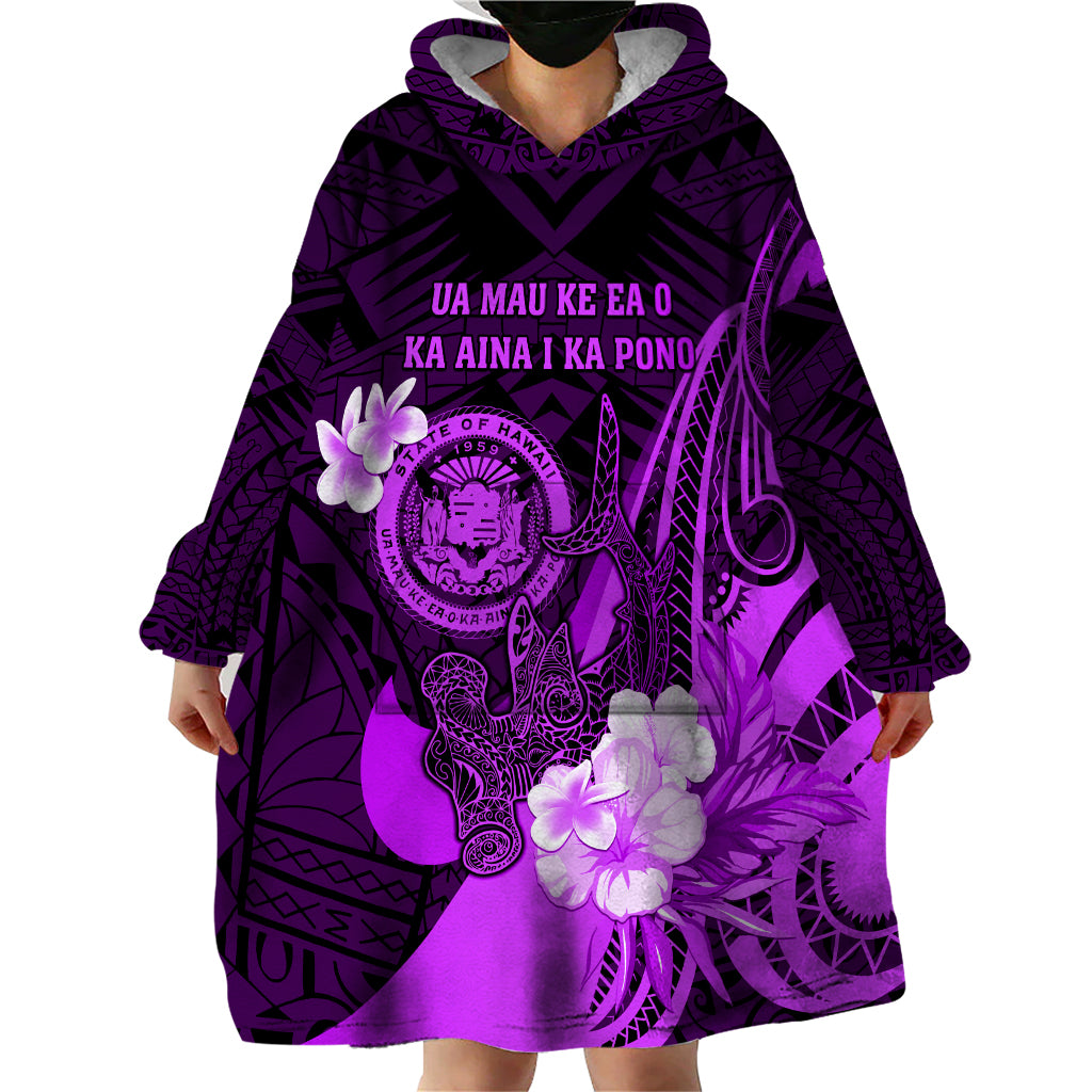 Personalised Hawaii State Motto Wearable Blanket Hoodie Hawaiian Tribal Purple Hammerhead Shark LT05 - Polynesian Pride