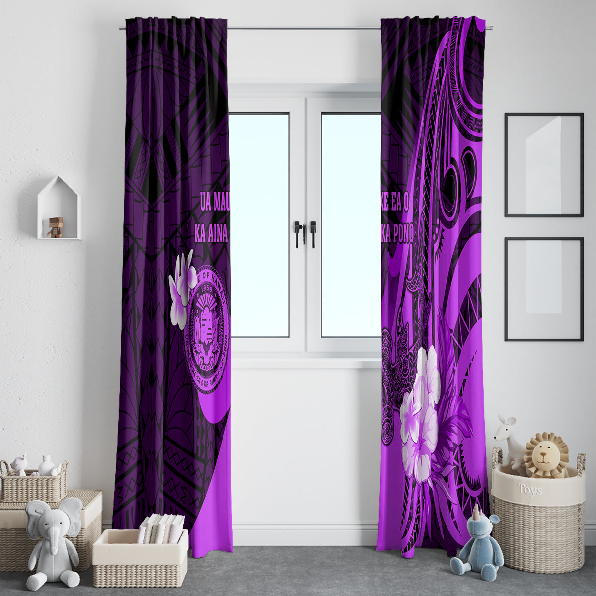 Hawaii State Motto Window Curtain Hawaiian Tribal Purple Hammerhead Shark LT05 - Polynesian Pride