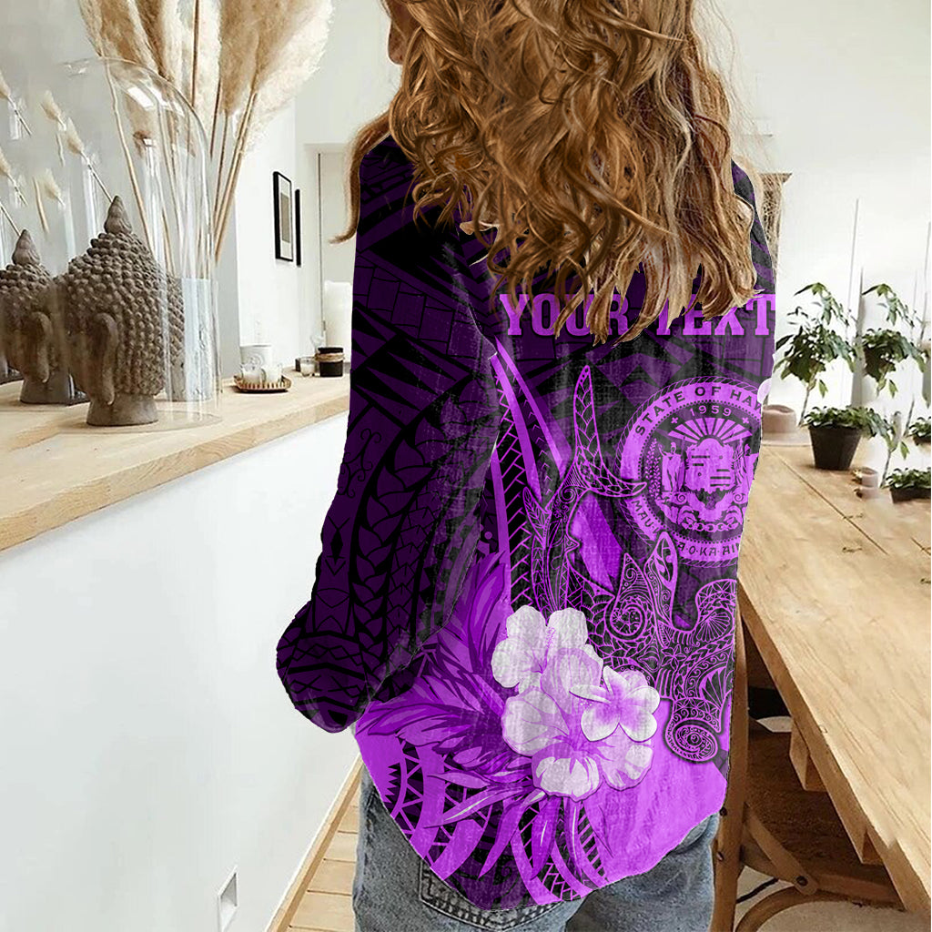 Personalised Hawaii State Motto Women Casual Shirt Hawaiian Tribal Purple Hammerhead Shark LT05 - Polynesian Pride