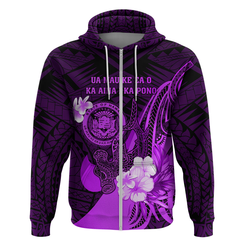 Personalised Hawaii State Motto Zip Hoodie Hawaiian Tribal Purple Hammerhead Shark LT05 Zip Hoodie Purple - Polynesian Pride