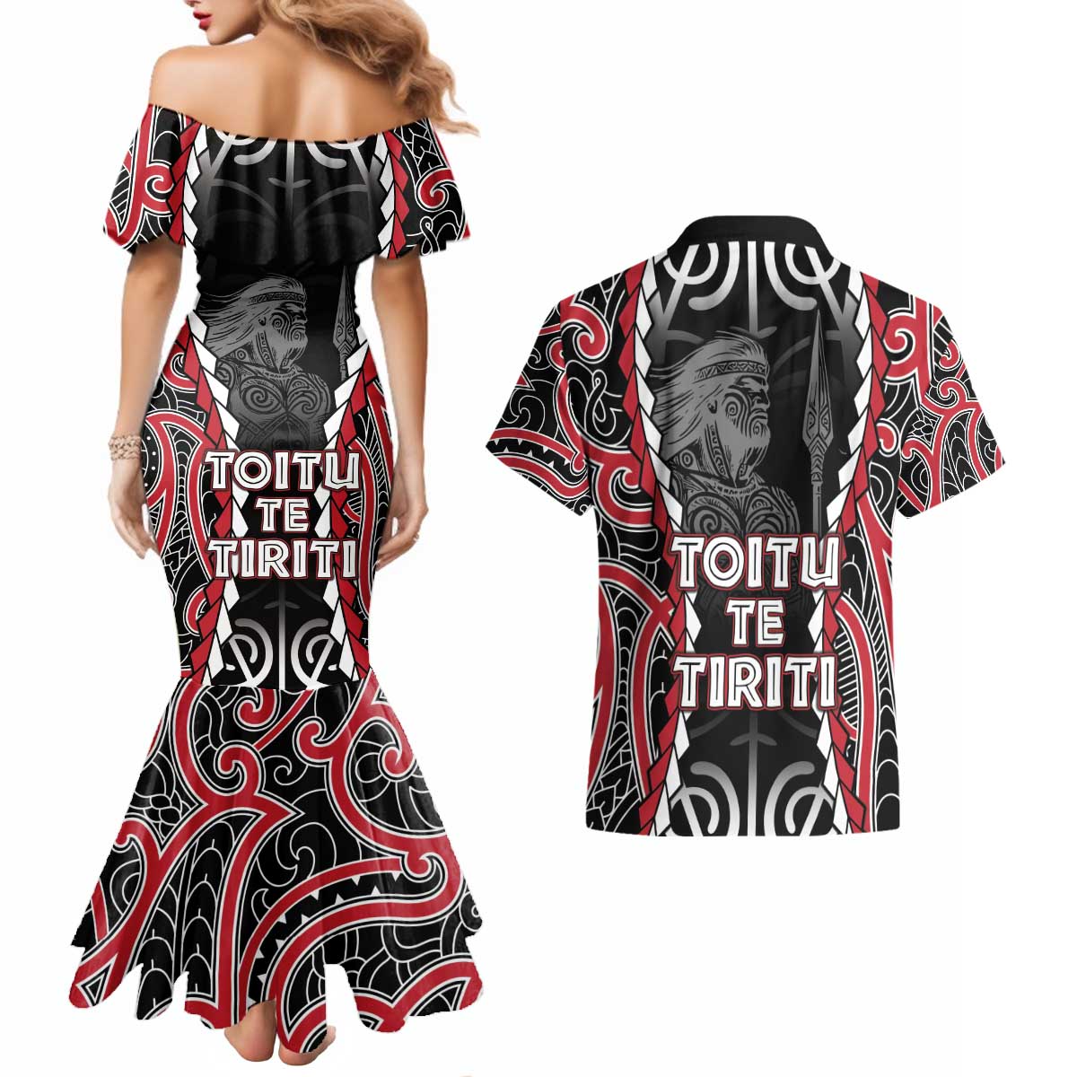 Aotearoa Waitangi Day Couples Matching Mermaid Dress and Hawaiian Shirt Maori Warrior Tribal Tattoo