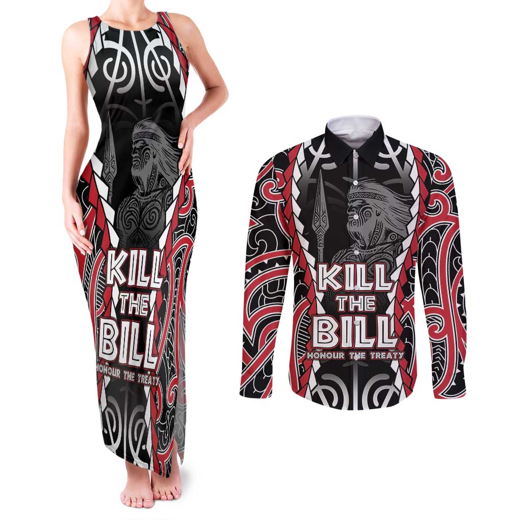 Aotearoa Waitangi Day Couples Matching Tank Maxi Dress and Long Sleeve Button Shirt Maori Warrior Tribal Tattoo LT05 Black - Polynesian Pride