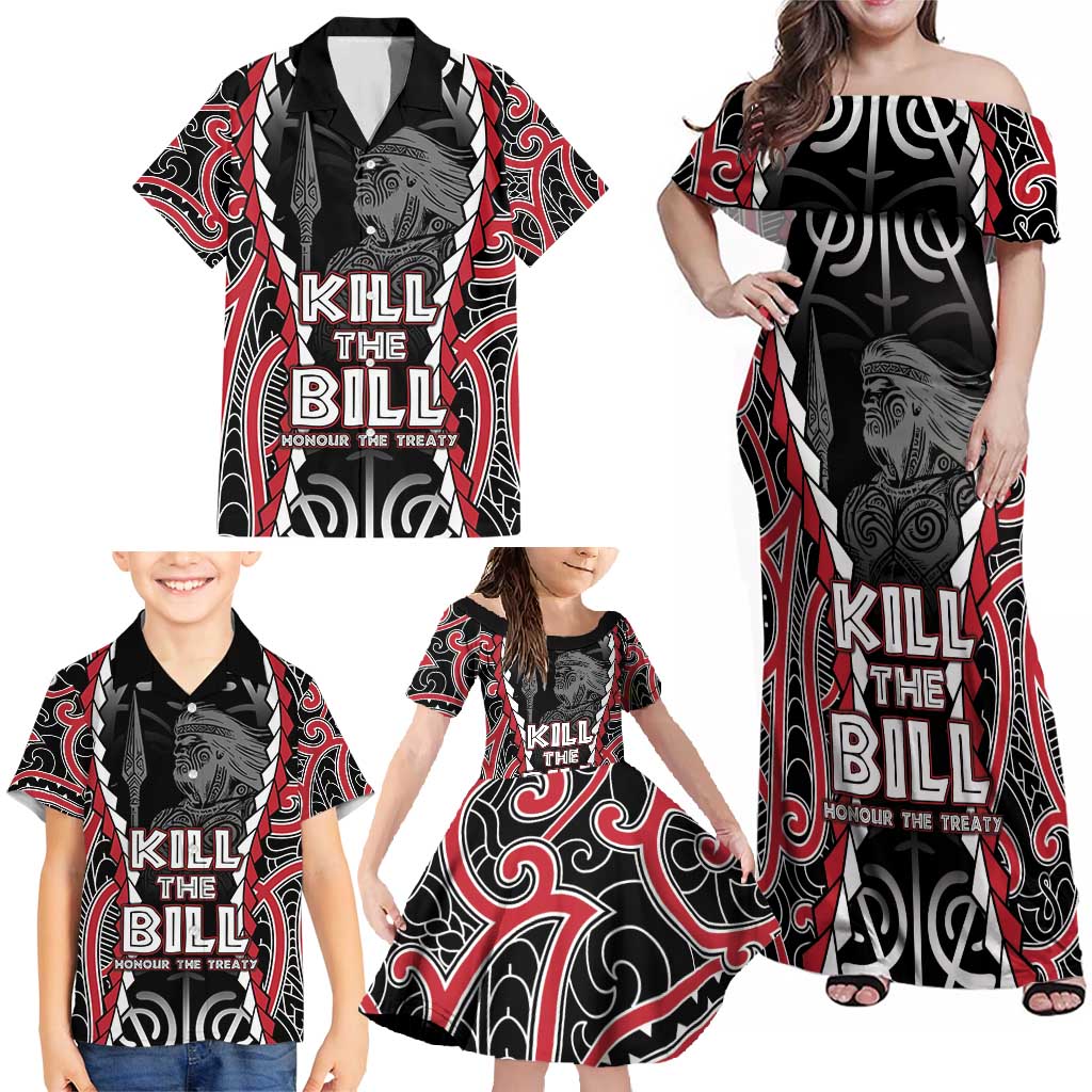 Aotearoa Waitangi Day Family Matching Off Shoulder Maxi Dress and Hawaiian Shirt Maori Warrior Tribal Tattoo