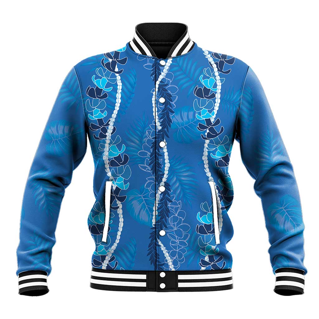 Hawaii Maile Lei Baseball Jacket With Blue Monstera Pattern