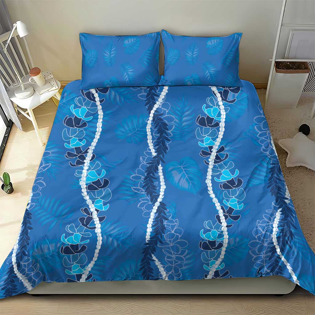 Hawaii Maile Lei Bedding Set With Blue Monstera Pattern
