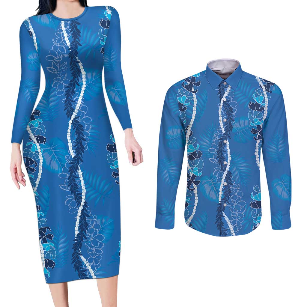 Hawaii Maile Lei Couples Matching Long Sleeve Bodycon Dress and Long Sleeve Button Shirt With Blue Monstera Pattern