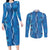 Hawaii Maile Lei Couples Matching Long Sleeve Bodycon Dress and Long Sleeve Button Shirt With Blue Monstera Pattern