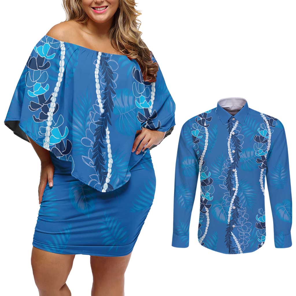 Hawaii Maile Lei Couples Matching Off Shoulder Short Dress and Long Sleeve Button Shirt With Blue Monstera Pattern