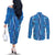 Hawaii Maile Lei Couples Matching Off The Shoulder Long Sleeve Dress and Long Sleeve Button Shirt With Blue Monstera Pattern