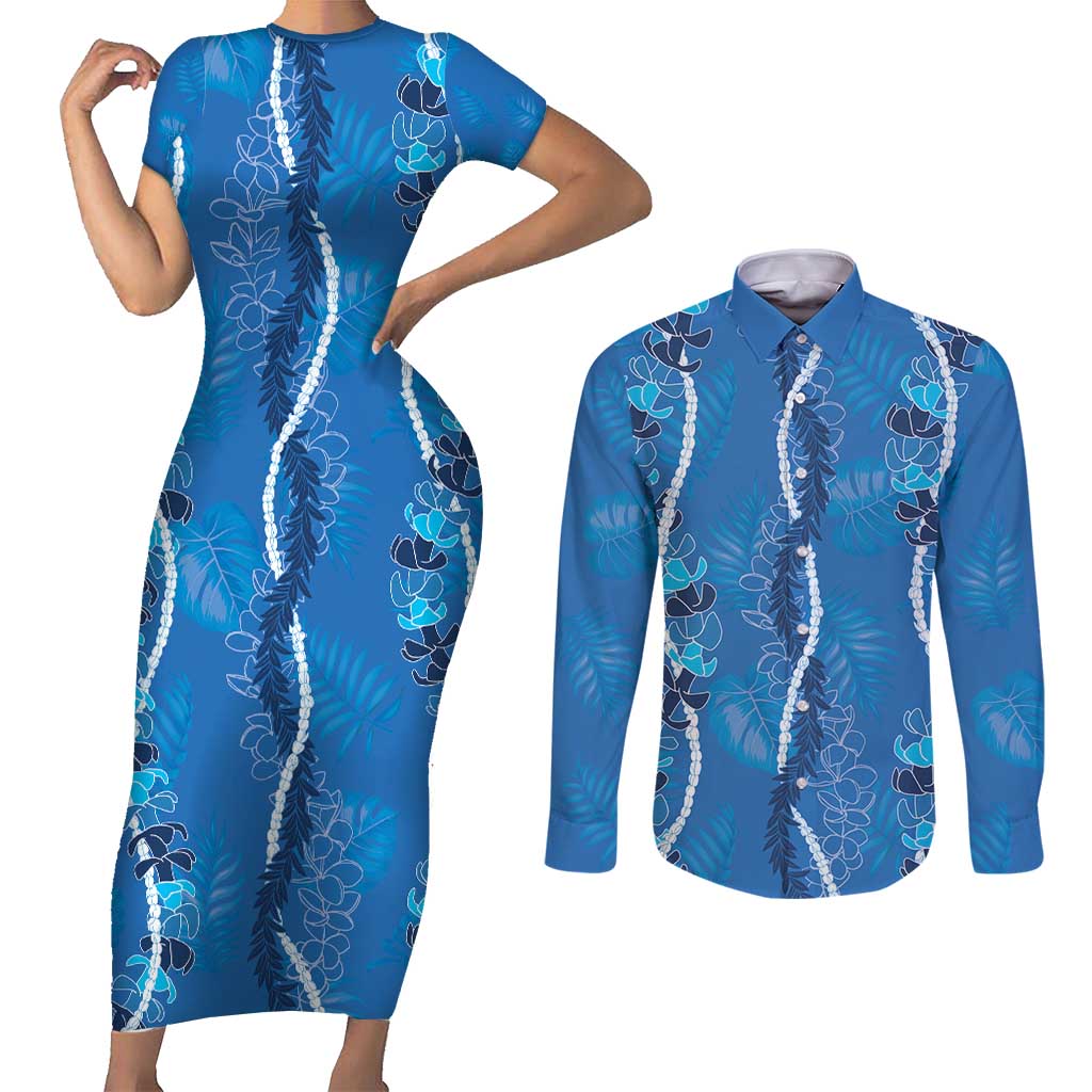 Hawaii Maile Lei Couples Matching Short Sleeve Bodycon Dress and Long Sleeve Button Shirt With Blue Monstera Pattern