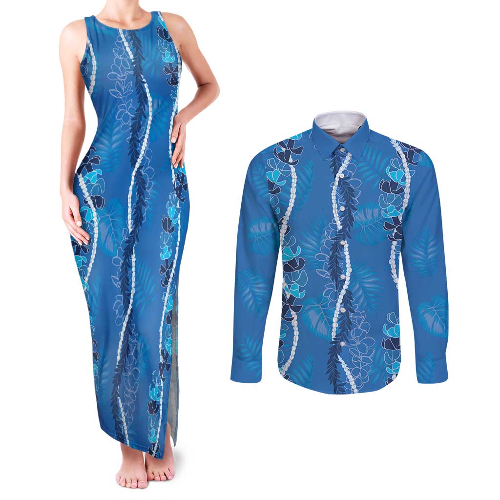 Hawaii Maile Lei Couples Matching Tank Maxi Dress and Long Sleeve Button Shirt With Blue Monstera Pattern