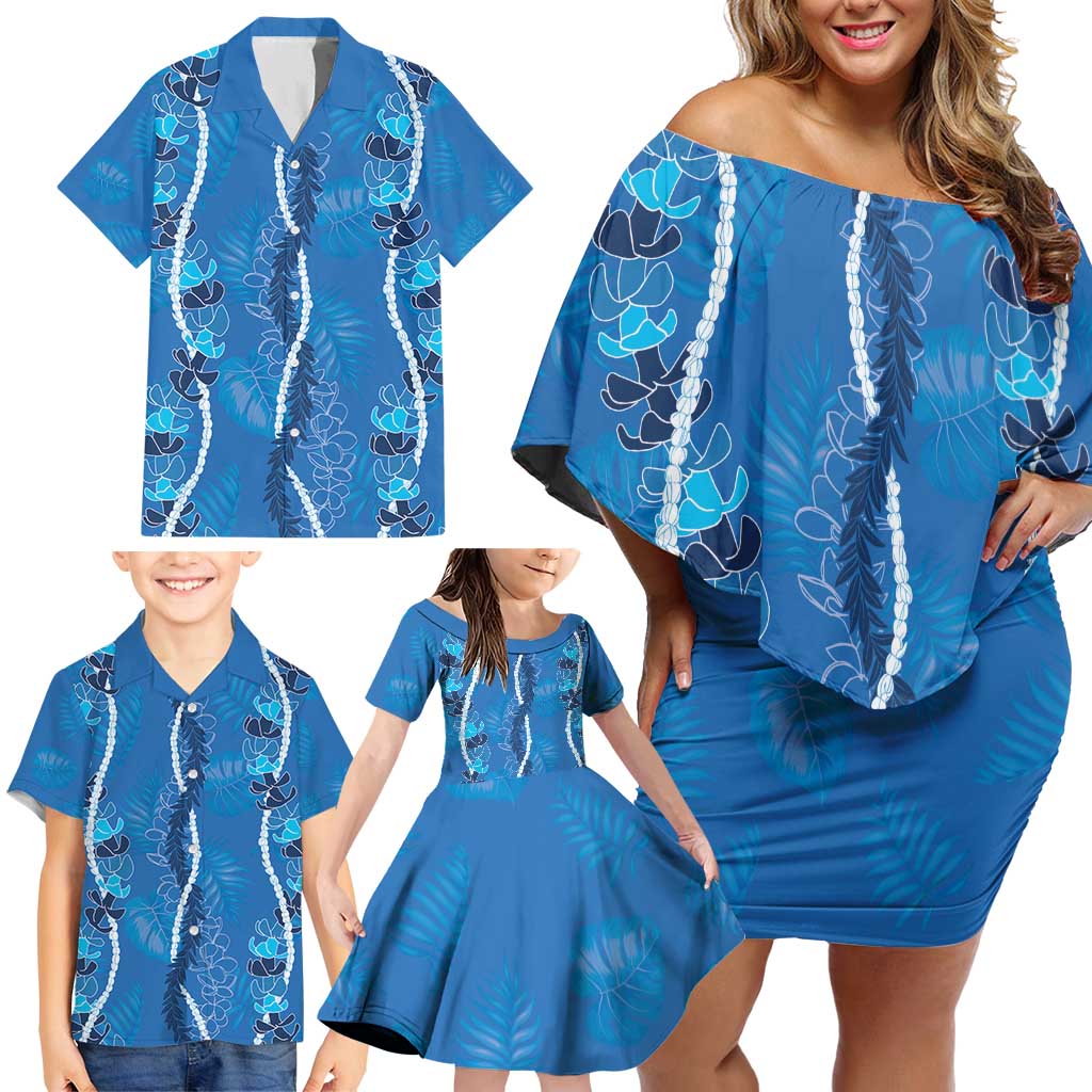 Hawaii Maile Lei Family Matching Off Shoulder Short Dress and Hawaiian Shirt With Blue Monstera Pattern