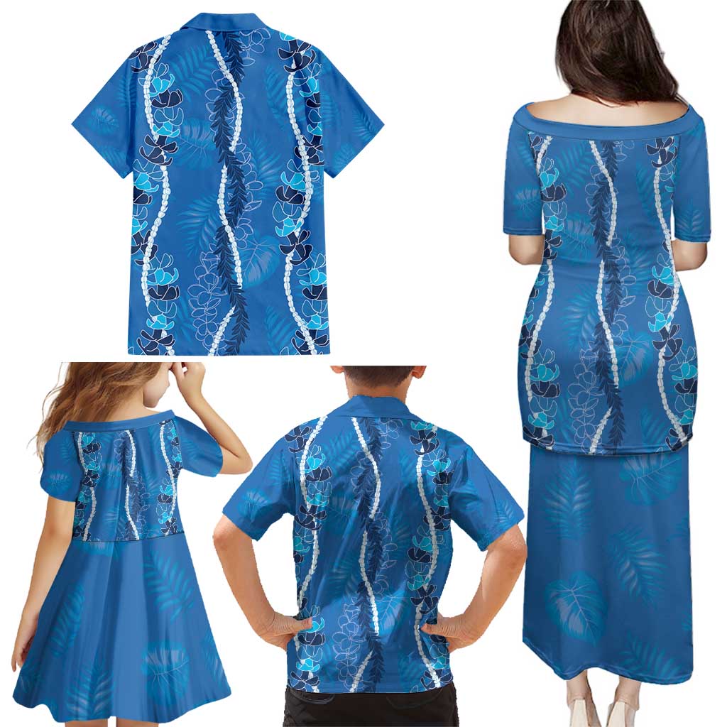 Hawaii Maile Lei Family Matching Puletasi and Hawaiian Shirt With Blue Monstera Pattern