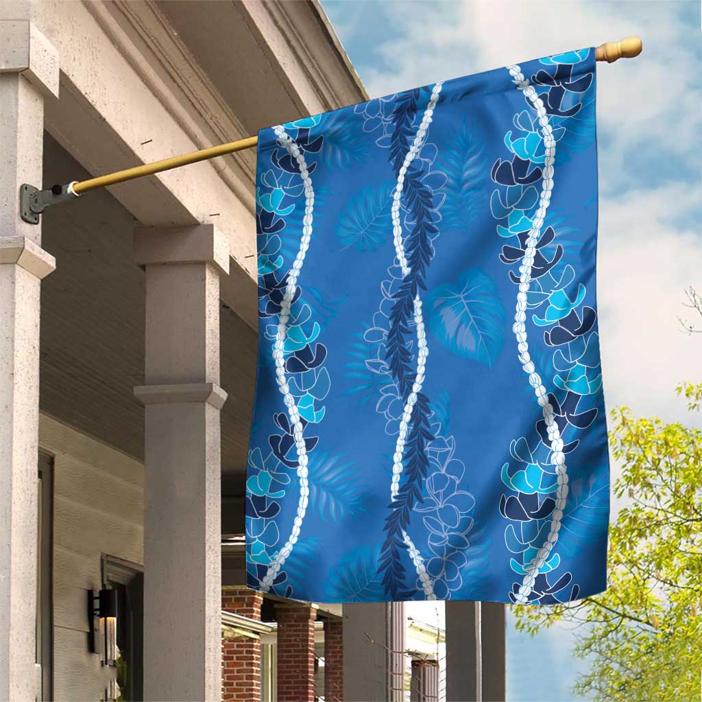 Hawaii Maile Lei Garden Flag With Blue Monstera Pattern