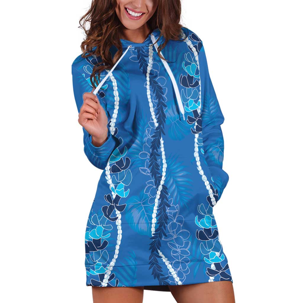 Hawaii Maile Lei Hoodie Dress With Blue Monstera Pattern