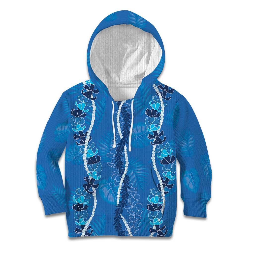 Hawaii Maile Lei Kid Hoodie With Blue Monstera Pattern