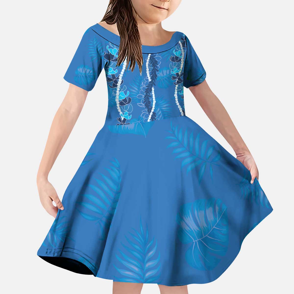 Hawaii Maile Lei Kid Short Sleeve Dress With Blue Monstera Pattern