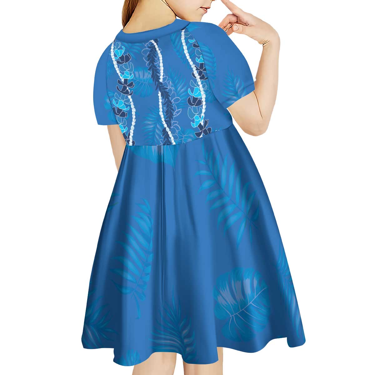 Hawaii Maile Lei Kid Short Sleeve Dress With Blue Monstera Pattern LT05 - Polynesian Pride