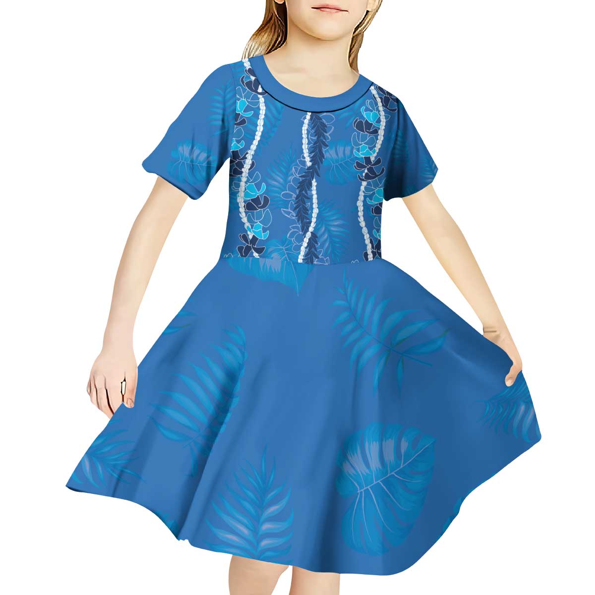 Hawaii Maile Lei Kid Short Sleeve Dress With Blue Monstera Pattern LT05 - Polynesian Pride