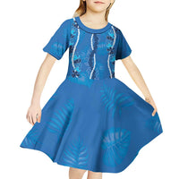 Hawaii Maile Lei Kid Short Sleeve Dress With Blue Monstera Pattern LT05 - Polynesian Pride