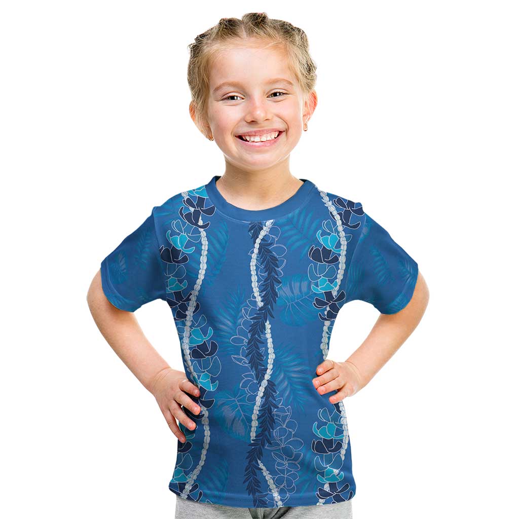 Hawaii Maile Lei Kid T Shirt With Blue Monstera Pattern