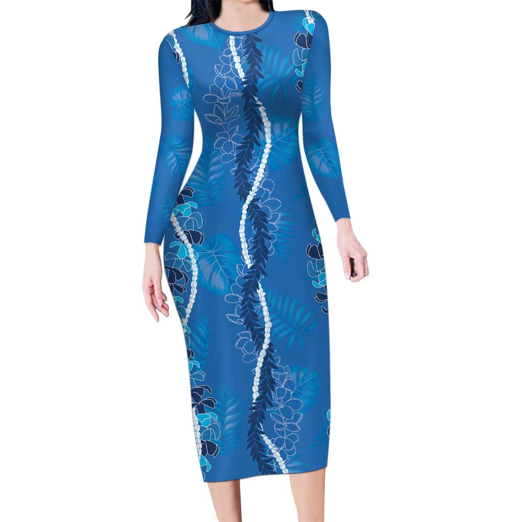 Hawaii Maile Lei Long Sleeve Bodycon Dress With Blue Monstera Pattern