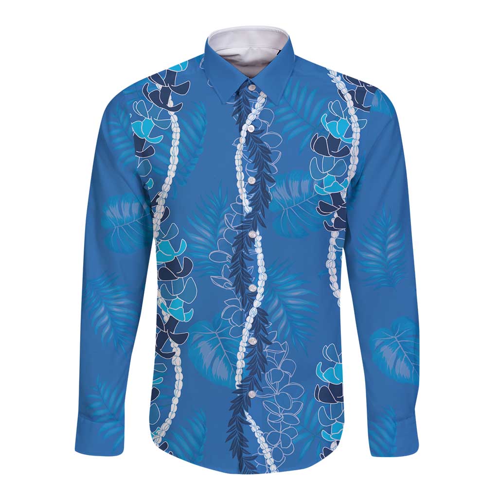 Hawaii Maile Lei Long Sleeve Button Shirt With Blue Monstera Pattern