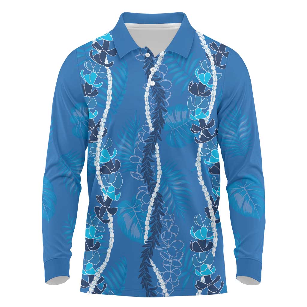 Hawaii Maile Lei Long Sleeve Polo Shirt With Blue Monstera Pattern