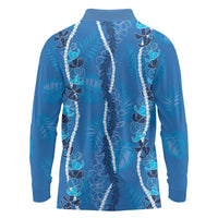 Hawaii Maile Lei Long Sleeve Polo Shirt With Blue Monstera Pattern