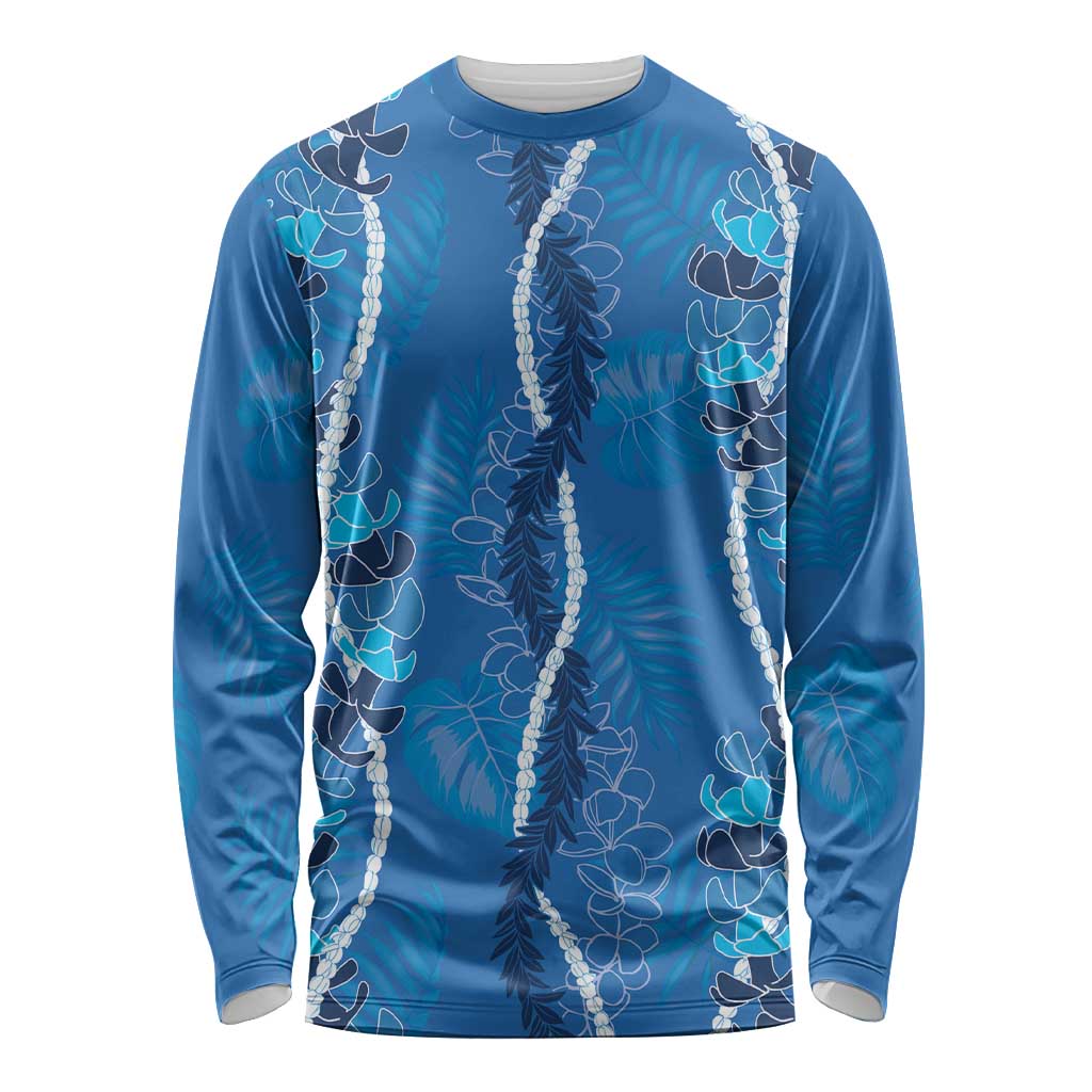 Hawaii Maile Lei Long Sleeve Shirt With Blue Monstera Pattern