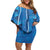 Hawaii Maile Lei Off Shoulder Short Dress With Blue Monstera Pattern