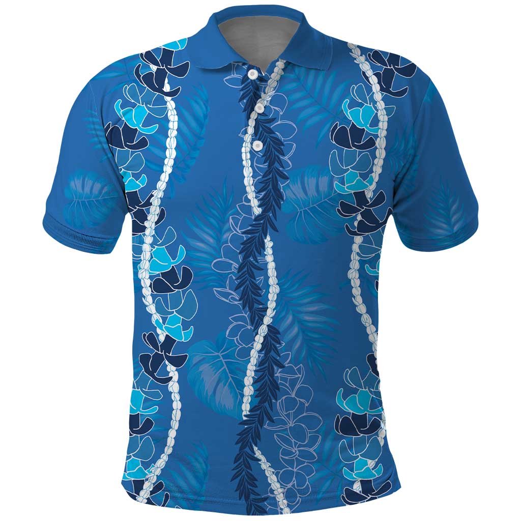 Hawaii Maile Lei Polo Shirt With Blue Monstera Pattern